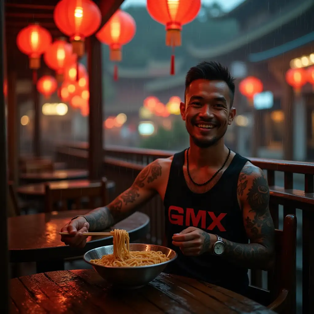 Indonesian-Man-Enjoying-Noodles-in-Chinatown-Restaurant-with-Red-Lanterns-and-Rain