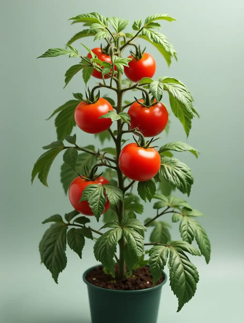 a tomato plant with a large number of red tomatoes on 5 branches and a lot of leaves fully grown standing alone in a pot