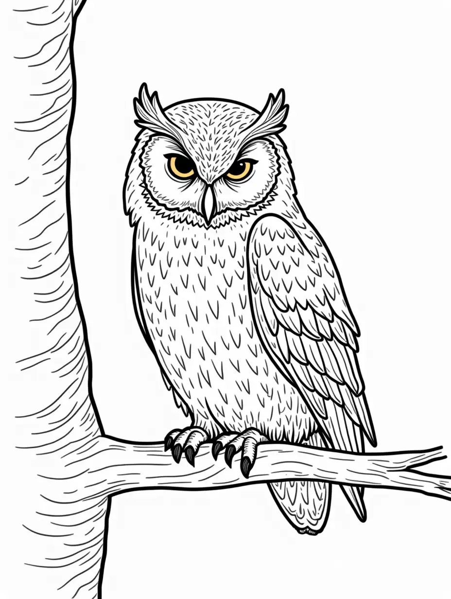 Coloring-Book-Image-of-an-Owl-Sitting-in-a-Tree-with-Simple-Patterns