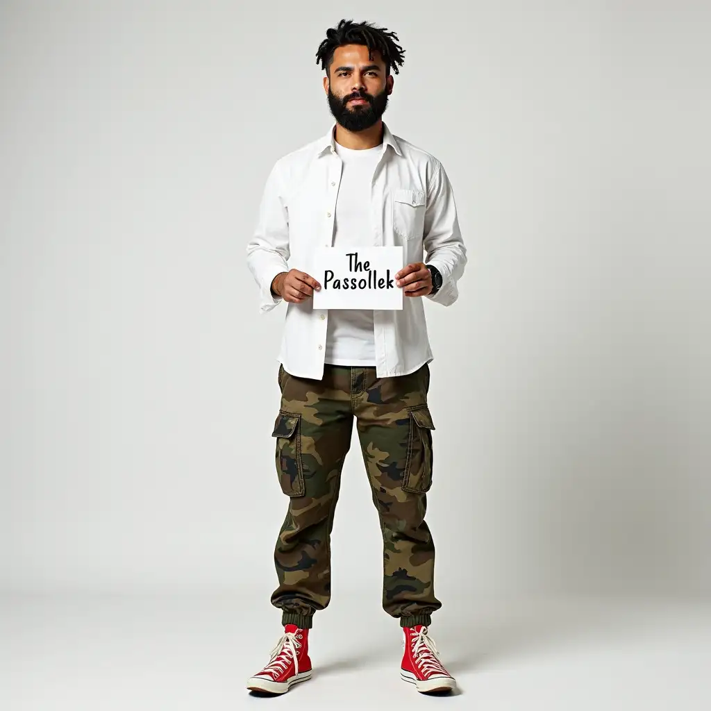 A beard man dressed in a white shirt as the inner and military camo pant with red Converse shoes that holds a white card that shows text 'The Passollek' 