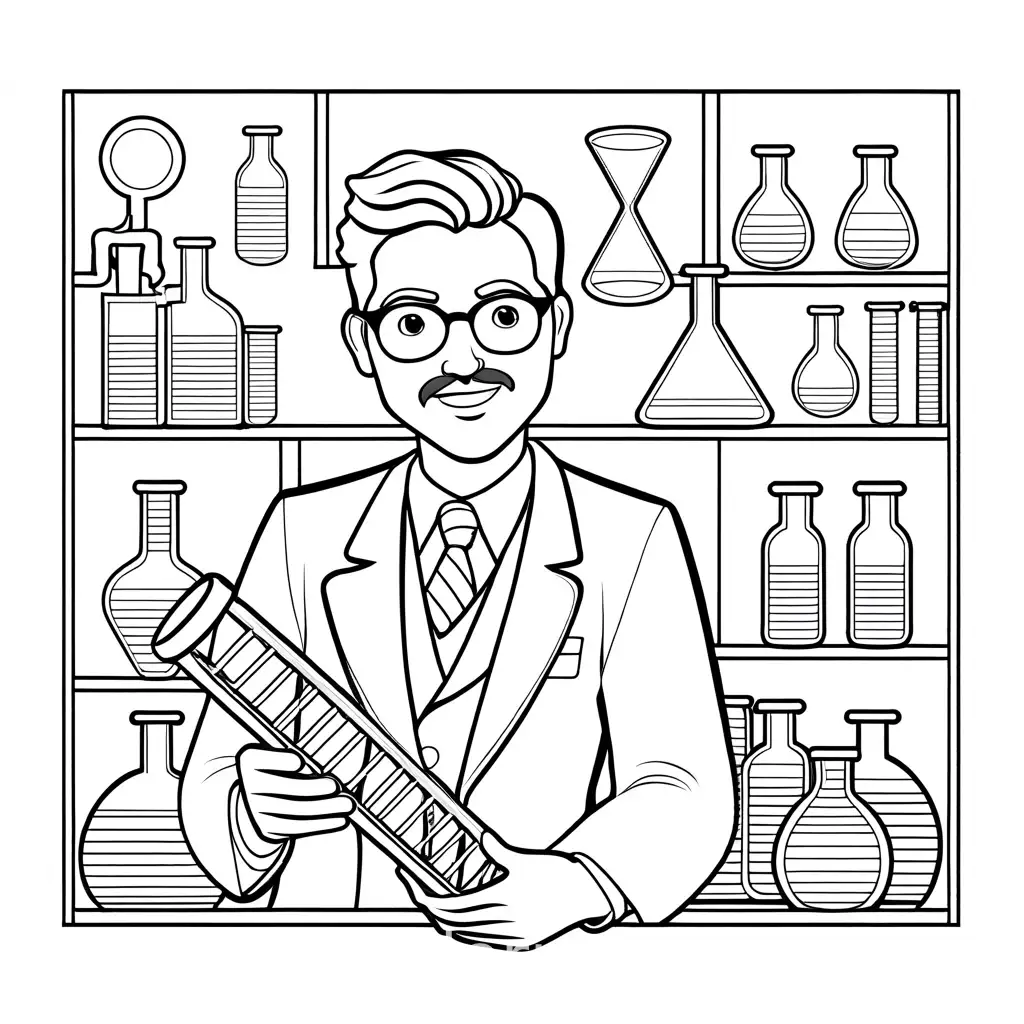 A scientist holding DNA, Coloring Page, black and white, line art, white background, Simplicity, Ample White Space. The background of the coloring page is plain white to make it easy for young children to color within the lines. The outlines of all the subjects are easy to distinguish, making it simple for kids to color without too much difficulty