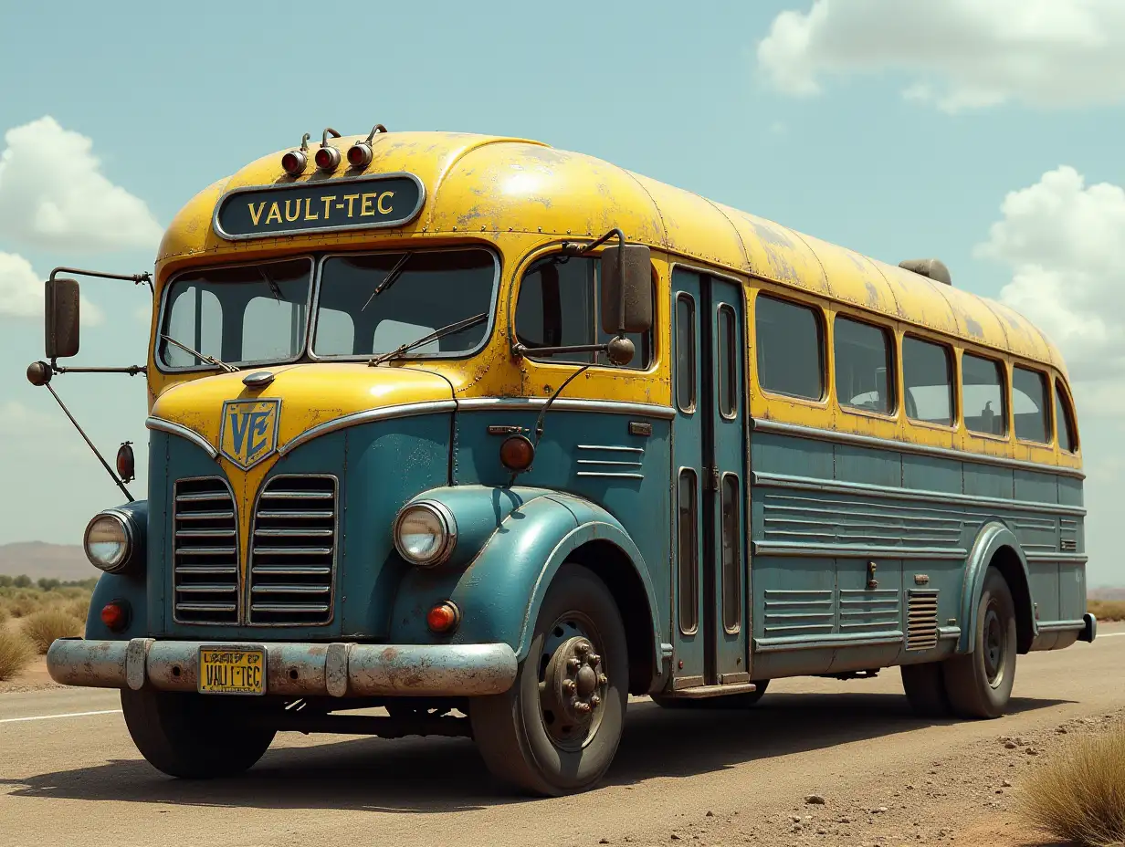 The Vault-Tec two-section bus is a post-apocalyptic transport vehicle developed by Vault-Tec. These buses were used to transport citizens to shelters during the disaster. Their design epitomises the retro-futuristic aesthetic of the 1950s, characterized by their massiveness and brutal forms.nThe bus is a large, two-section vehicle consisting of two compartments connected by a flexible accordion to increase its capacity. It is painted in dark blue and yellow colors, with the Vault-Tec logo symbolizing the company's reliability and technological superiority.nThe front of the bus is massive and streamlined, with large windows and a chrome grille. Side doors allow passengers to get on and off, and the sealed construction emphasizes that it has been adapted for emergency evacuation in radiation conditions.nThe bus looks worn, rust marks, time damage and wasteland dust can often be seen.