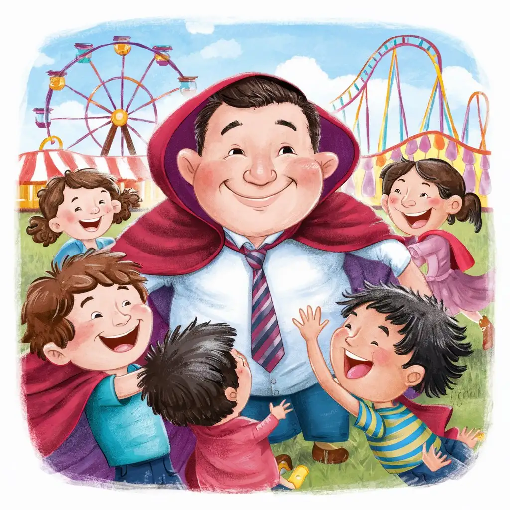 Family Fun at the Amusement Park Dad Smiling in Red Cloak and Tie