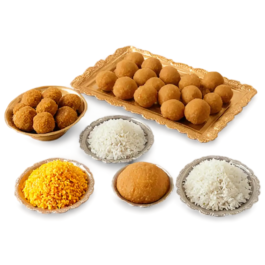 Exquisite-Jaggery-Coconut-Laddu-Boondi-Laddu-and-Unniyappam-Arranged-Near-Floral-Rangoli-PNG-Image