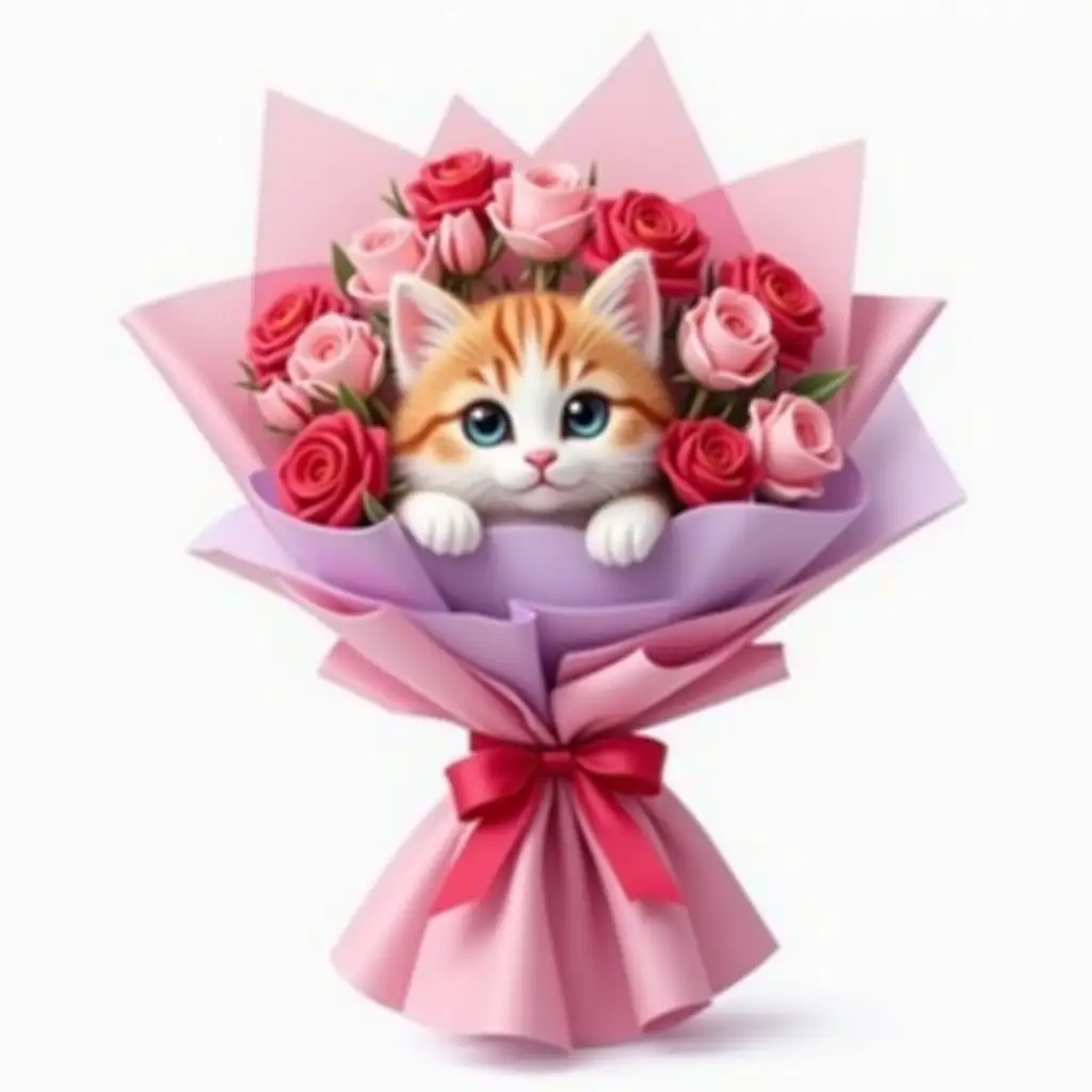 Tenderly pink luxury bouquet, beautifully wrapped in tender pink paper, with beautiful red and light purple colors, a plush kitten peeks out from the center of the bouquet, tied with an atlas rose ribbon with a bow, 3D, HD, high detail, oil painting, white background