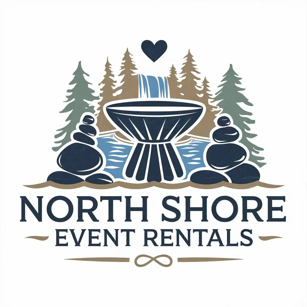 LOGO Design for North Shore Event Rentals Skirted Table Heart Symbol Pine Birch Trees with Lake Superior Elements