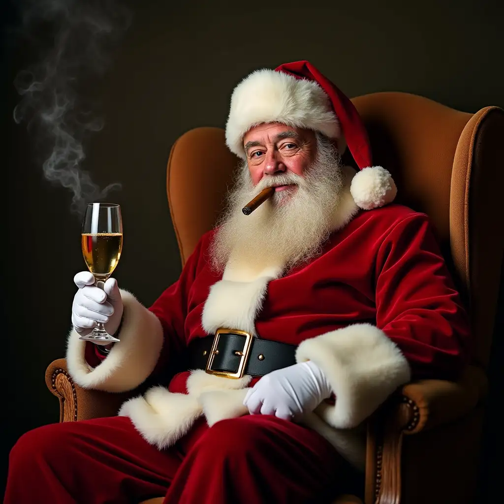 santa claus sitting in an armchair with a cuban cigar between his fingers and a glass of champagne in his hand