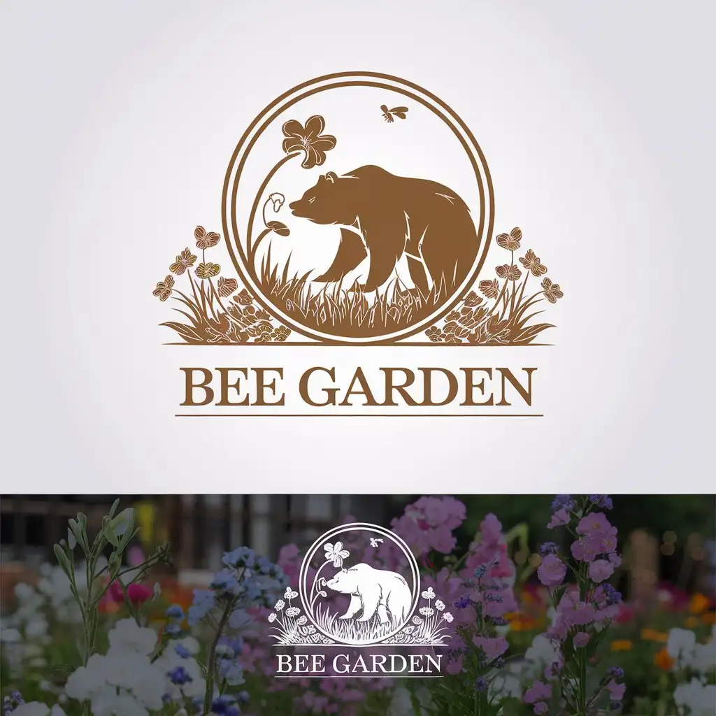 LOGO-Design-For-BEE-GARDEN-Circle-Logo-with-Bear-and-Flower-Theme