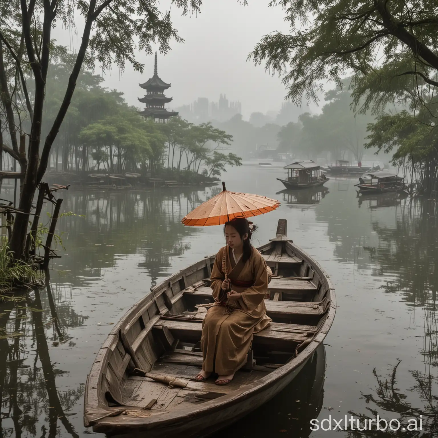 West-Lake-Rain-Scenery-Girl-with-Umbrella-on-Boat