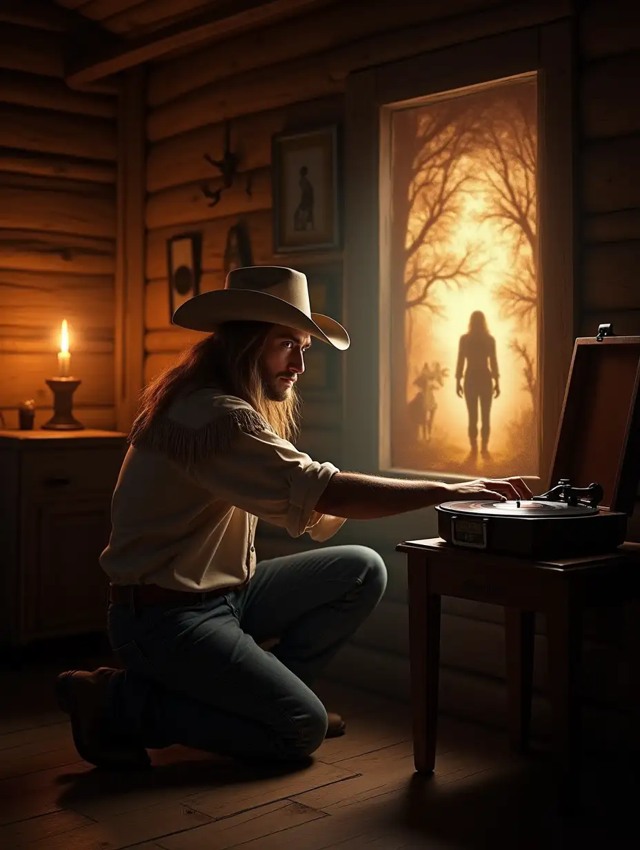 Inside a rustic cabin bathed in candlelight, a long-haired cowboy with piercing blue eyes kneels beside an antique record player, adjusting the speed as the vinyl spins backward. The music that plays is not just a song—it’s a whisper from the past, carrying the voices of the things he lost. As the melody grows louder, a glowing rift in time splits open before him, revealing the silhouette of his wife standing on the other side, her golden hair shining in the light of a setting sun. His dog barks happily in the distance, and his old truck rumbles to life. He reaches out toward the portal, his fingers brushing the edges of the time-warped world, caught between longing and the magic of the melody.