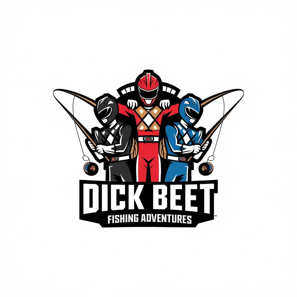 LOGO Design for Dick Beet Fishing Adventures Vector Logo with Power Rangers in Black Red and Blue Fishing Theme