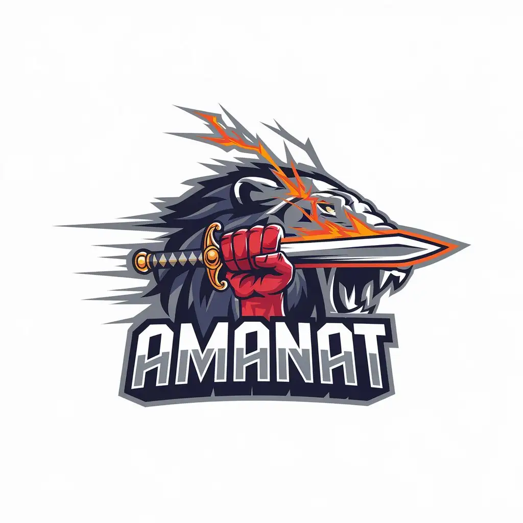 LOGO Design for Amanat Hand Fire Sword and Lightning with Roaring Lion in Sports Fitness Theme