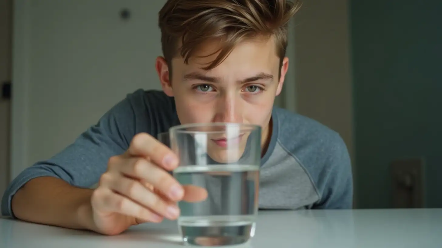 Young Man Reflecting on Life While Gazing at a Glass of Clean Water