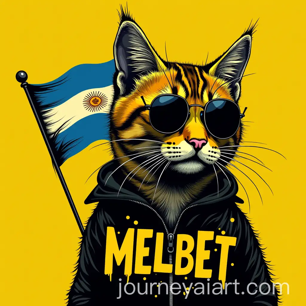 Punk-Kitten-with-Sunglasses-andPunk-Kitten-Image-Expansion-MELBET-Inscription-Featuring-Argentine-Flag-in-Yellow-and-Black-Tones