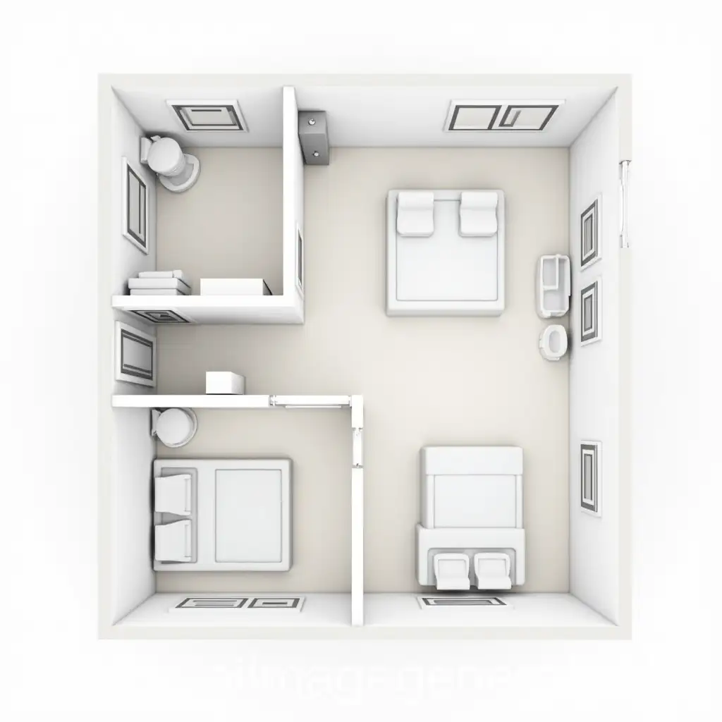 Draw for me a 3D plan of the floor with a hallway, 3 bedrooms, 1 toilet and one bathroom, and a 20m² empty space opening onto the living room of the ground floor. In each room, draw 1 or 2 pieces of furniture.