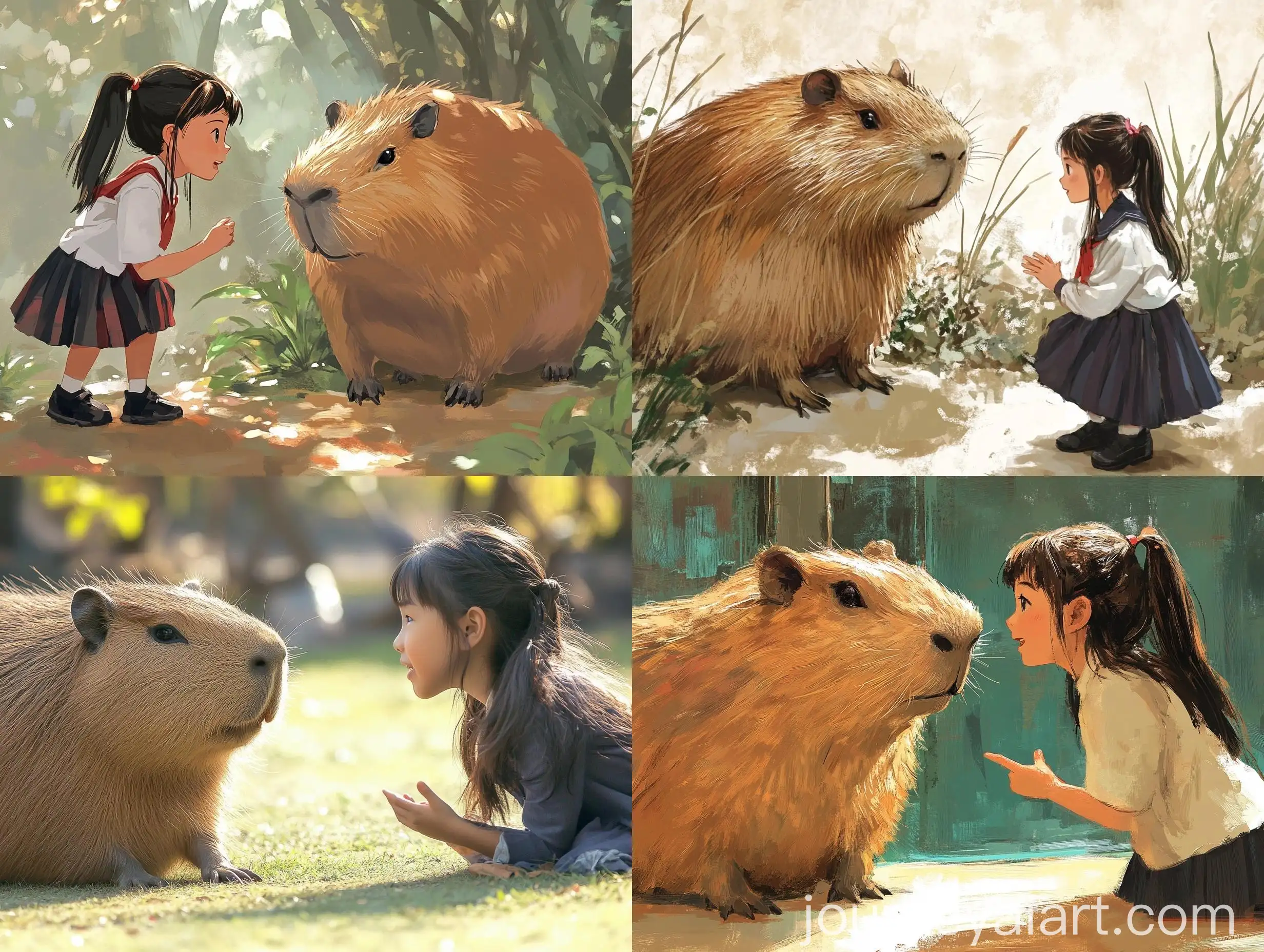 Adorable-Chinese-School-Girl-Talking-to-Extra-Large-Capybara