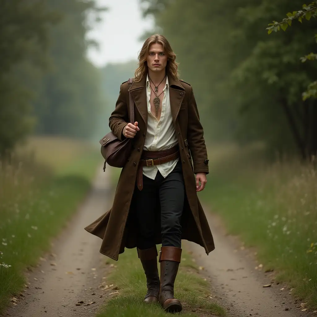 Handsome Male Elf Walking Down Country Road with Bag