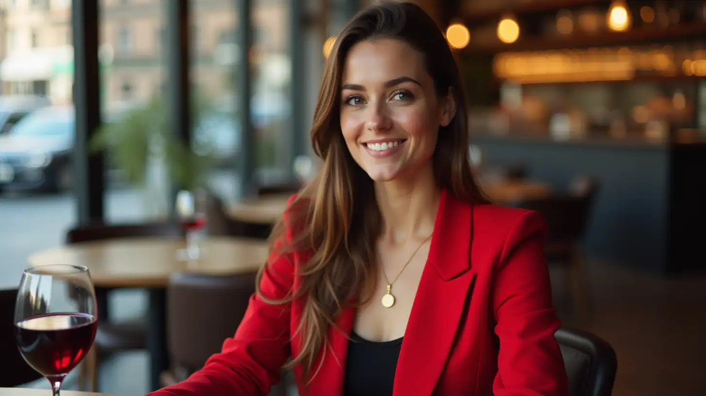 Elegant German Woman Enjoying Wine at a Modern Urban Restaurant