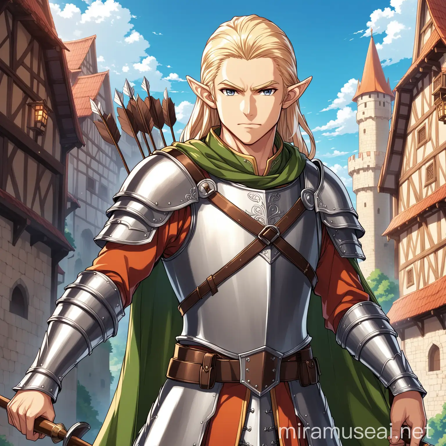 An anime elf man archer, long hair, he is dressed as a medieval city guard, medium armor, arrow holder, heroic pose, in epic anime