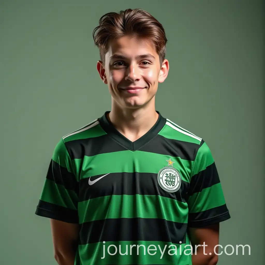 18YearOld-Footballer-in-Green-and-Black-StrAI-Image-Prompt-Expansioniped-Jersey-Posing-for-a-Photo