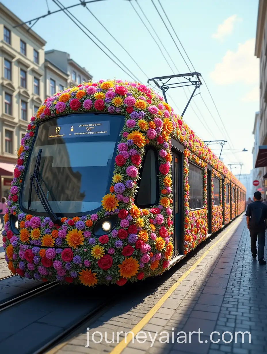 Vibrantly-FlowerCovered-Train-in-Bustling-City-Setting