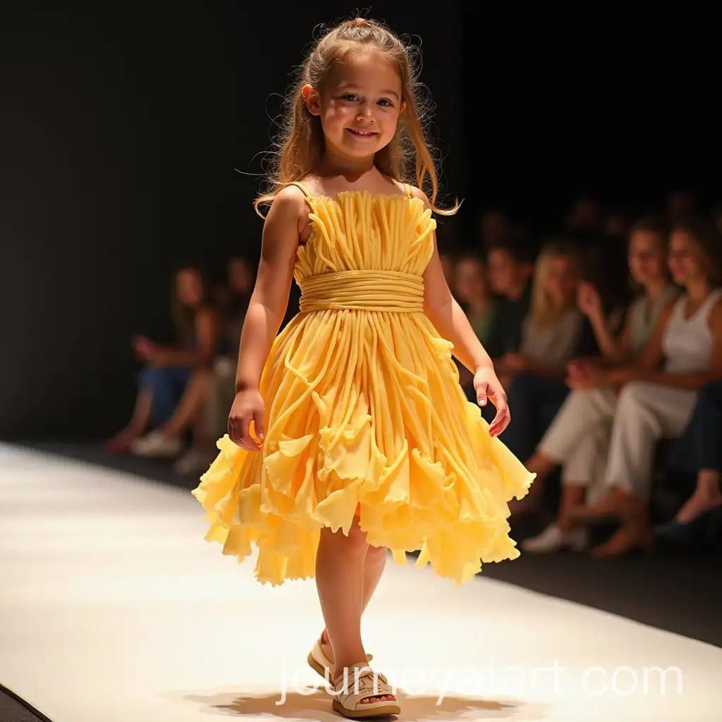 Little-Girl-in-Pasta-Dress-with-Spaghetti-Belt-Walking-in-Fashion-Show