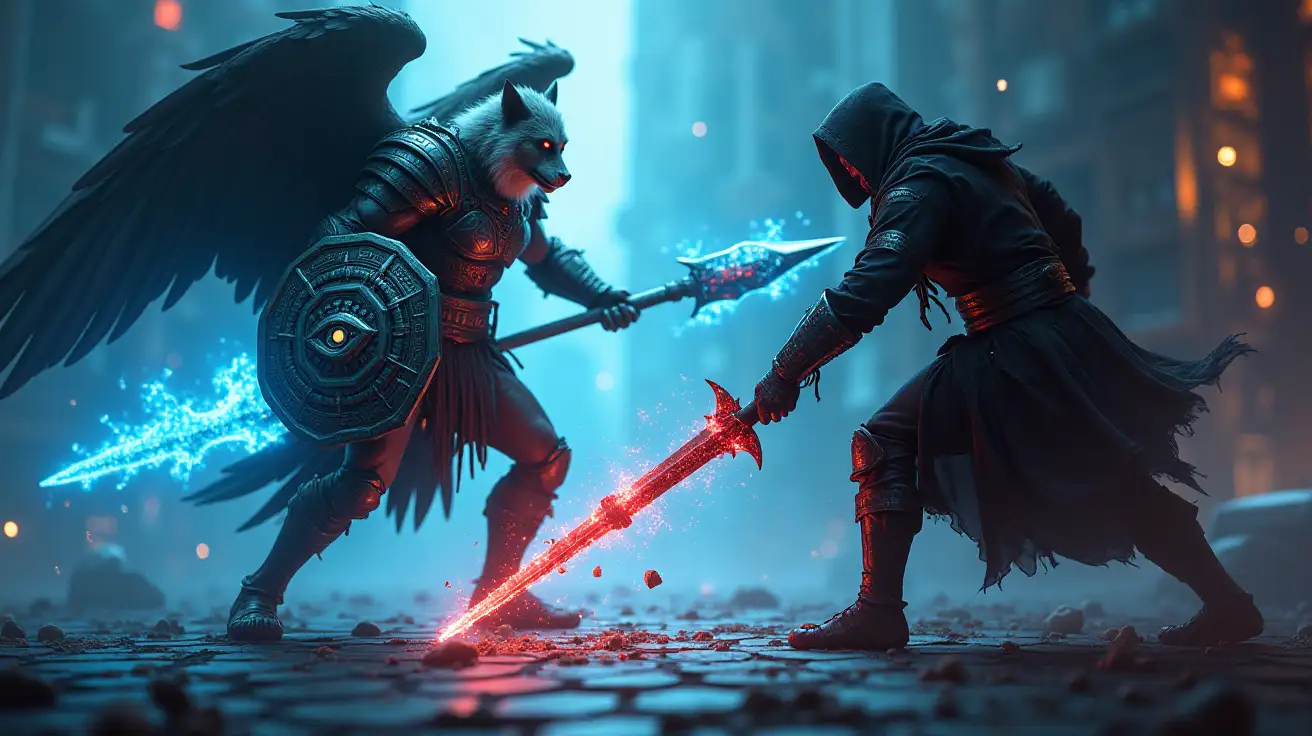A cinematic, high-stakes digital duel on a glowing hexagonal grid. A battle-hardened, muscular humanoid angel stands poised, exuding grim intensity. His face is entirely human, with only the faintest trace of fur along the jawline and barely hinted, slightly pointed ears — enough to nod to his origins without sacrificing realism. His expression is steely and dangerous. The angel wears intricately engraved, battle-worn celestial armor etched with cryptographic runes; massive, shadowed wings extend behind him like ancient relics. In one hand, he wields a lethal spear pulsating with blue energy; in the other, a heavy, glowing shield engraved with an eye-in-hexagon emblem — a symbol of divine surveillance. nFacing him is a dark, ominous cyber thief: a lean figure draped in corrupted digital robes, his hood casting deep shadows over a face that reveals only cold, red glowing eyes. He wields a jagged, glitching blade that meets the angel's spear in a flash of digital sparks and shattered data fragments. The background is a dystopian digital wasteland of falling code, ruined circuits, and crackling static — an atmosphere charged with tension and the weight of impending cyber war.