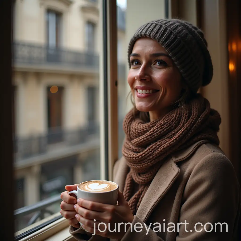 Middle-Eastern-Woman-Enjoying-Hot-Chocolate-by-the-Window-in-Paris