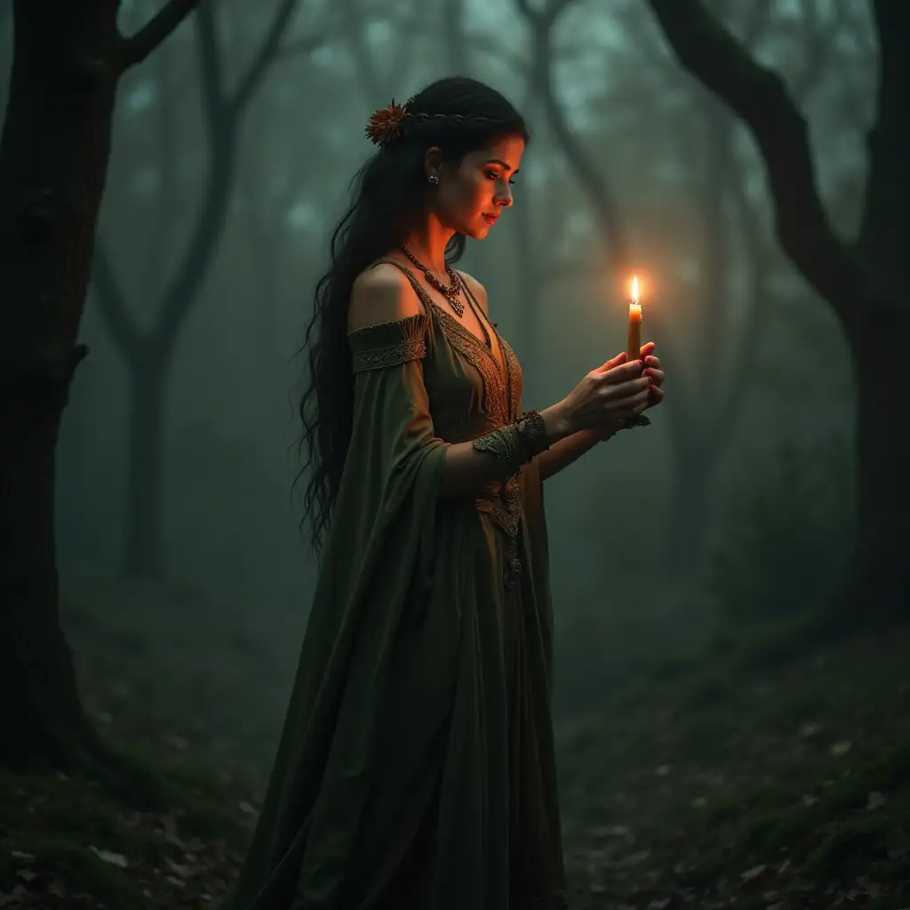 Create an image of a female Druid standing holding a candle in preparation for a ceremony in a mysterious setting