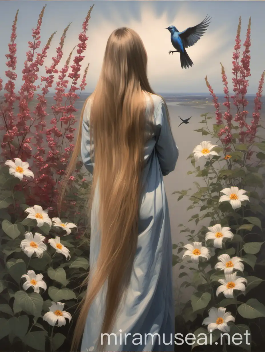 Painting, girl with long hair, standing with her back turned, flowers, bird