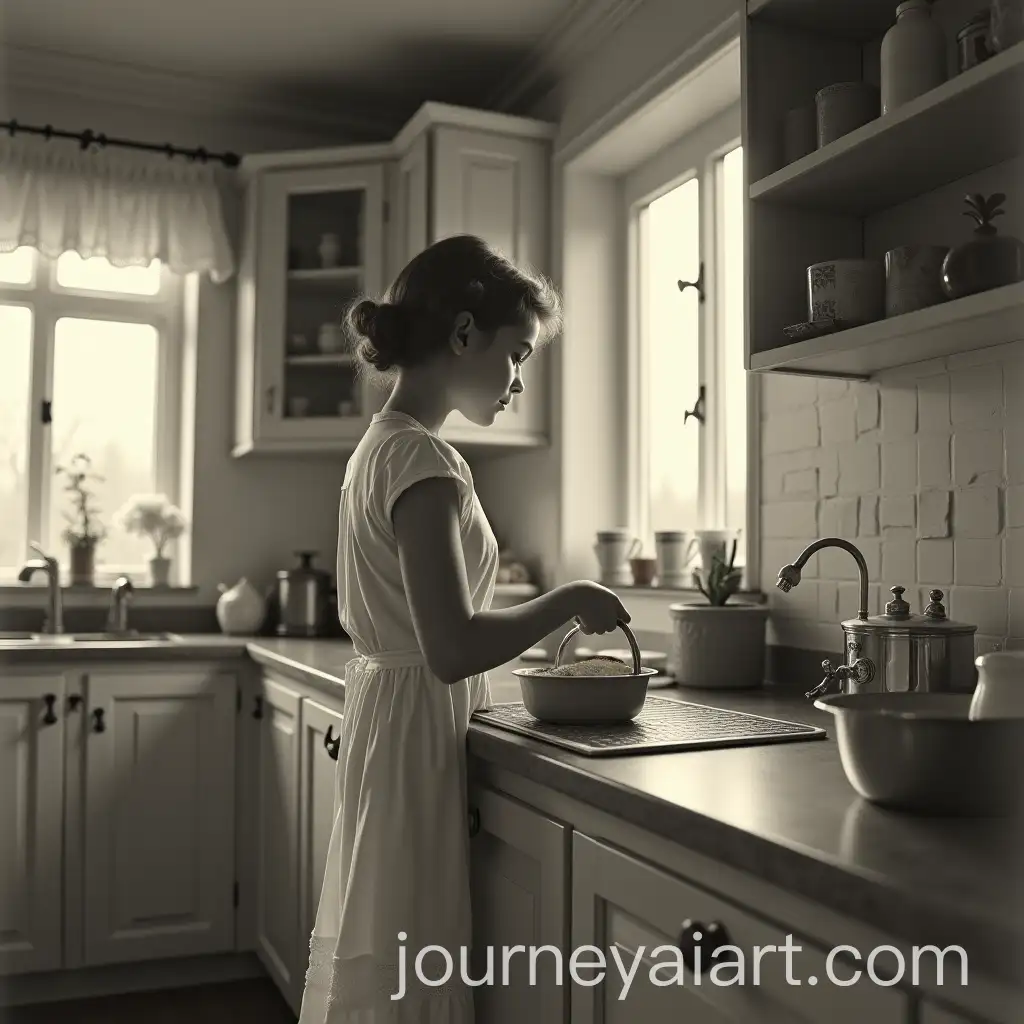 1950s-Kitchen-Scene-with-Young-Girl-Cooking