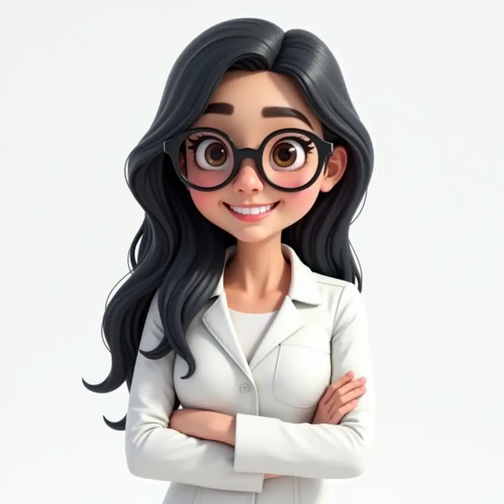 Psychoeducator in a white jumpsuit, long black hair, glasses, Disney, Pixar, 3D, PNG, multiple positions.