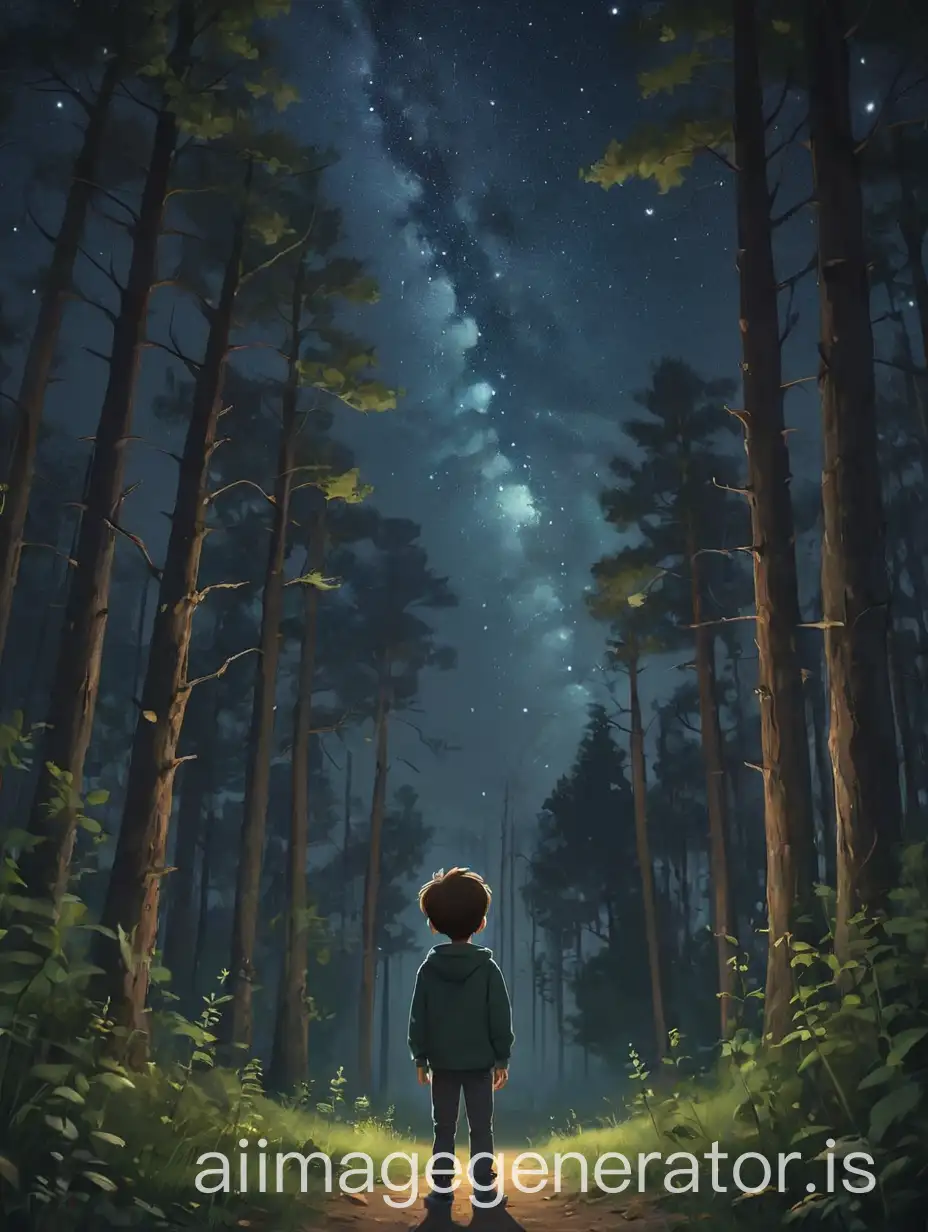 Then a boy watching forest trees at night and night stars