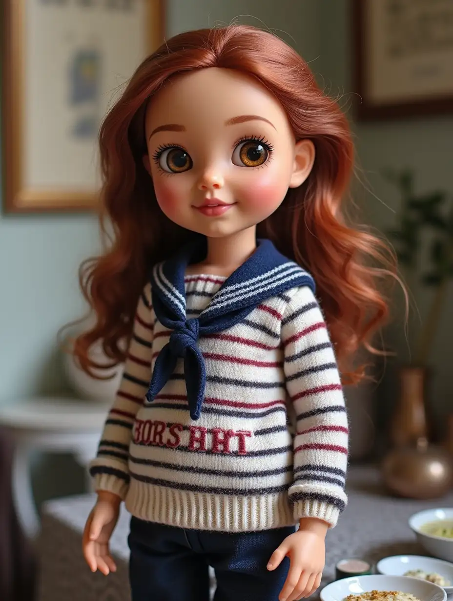 Create Sarah Hélène de Soisson doll with a sailor pullover with the Breton flag and a vivid Burgundy inscription. It should have as accessory an oyster plate, a for sale sign at lilac apartment. And a pepper pot made in Cameroon in super packaging