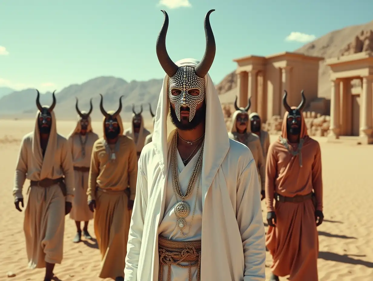 Horned-Man-with-Beaded-Masked-Nomads-in-Desert-Ruins