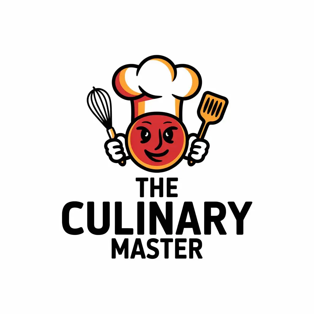 LOGO Design for The Culinary Master Playful Chefs Hat with Whisk and Spatula in Warm Reds Oranges and Yellows