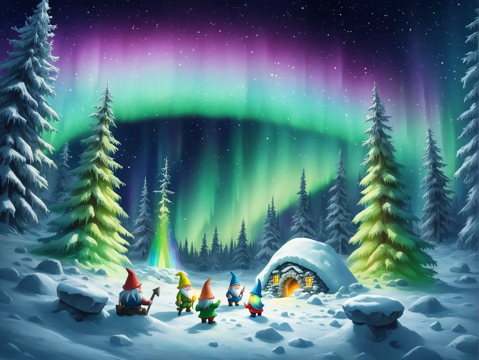 Gnomes-Emerging-from-a-Mystical-Stone-Mine-Under-a-Green-Aurora-in-a-Snowy-Forest