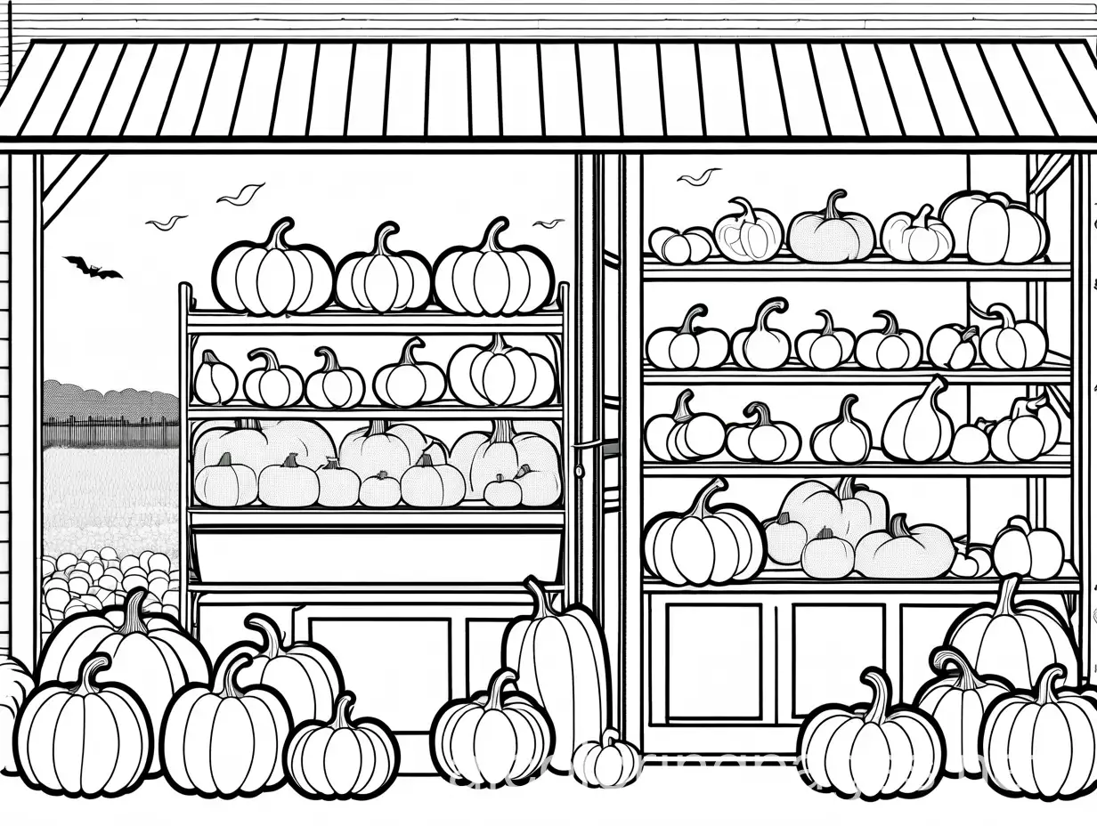 Pumpkin-Farm-Stand-Coloring-Page-Black-and-White-Line-Art