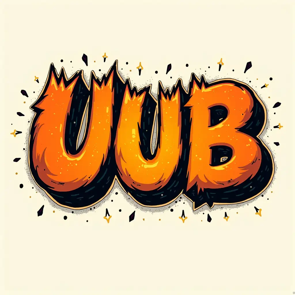 Design a bold manga-inspired typography for the word 'Uub,' using a modern, manga style that reflects his strength and determination. Use vibrant orange as the dominant color for the letters, adding subtle gradients or glowing effects to enhance their dynamic appearance. Outline the text in solid black for a sharp contrast, and incorporate jagged or angular strokes to give the design a sense of action and motion. Add screentone patterns or manga-style hatching within the letters for a classic anime feel, and surround the typography with faint aura lines or sparks to evoke power and energy.