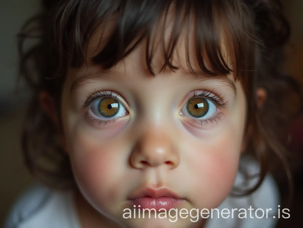 girl big eyes protruding and crossed pupils towards the inside of the eyelids