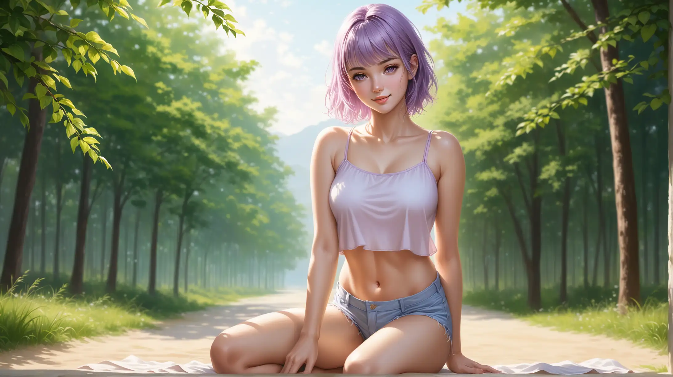 Seductive Summer Pose Smiling Woman with Short Light Purple Hair