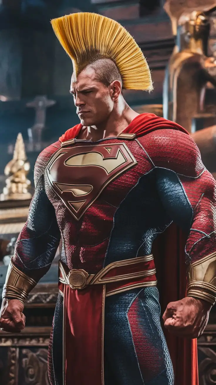 Massive, 24-year-old musclegod superhero with a wide, angular, golden Mohawk stands reverently.