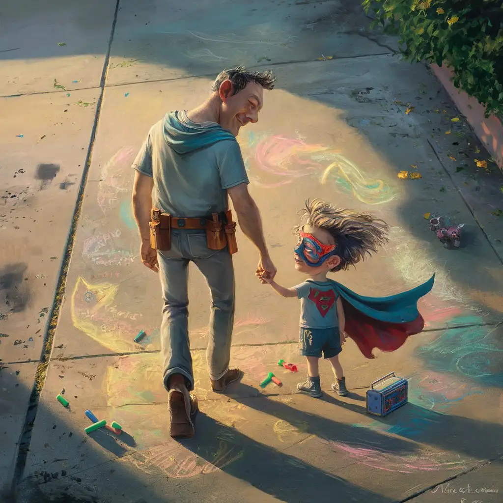 A warm, sunlit concrete driveway with colourful chalk drawings of a tall man and a small child holding hands. The larger figure wears a cape or toolbelt; the child figure has wild hair or a superhero mask. Chalk pieces are scattered nearby, along with a small toy or lunchbox. The chalk art is childlike, imaginative, and joyful—capturing a father-child bond. Late-afternoon shadows stretch softly across the driveway. Some parts of the drawing are slightly smudged, hinting at time passing. Painted in a soft brushwork style with golden hues, textures of concrete, and touches of pastel warmth.