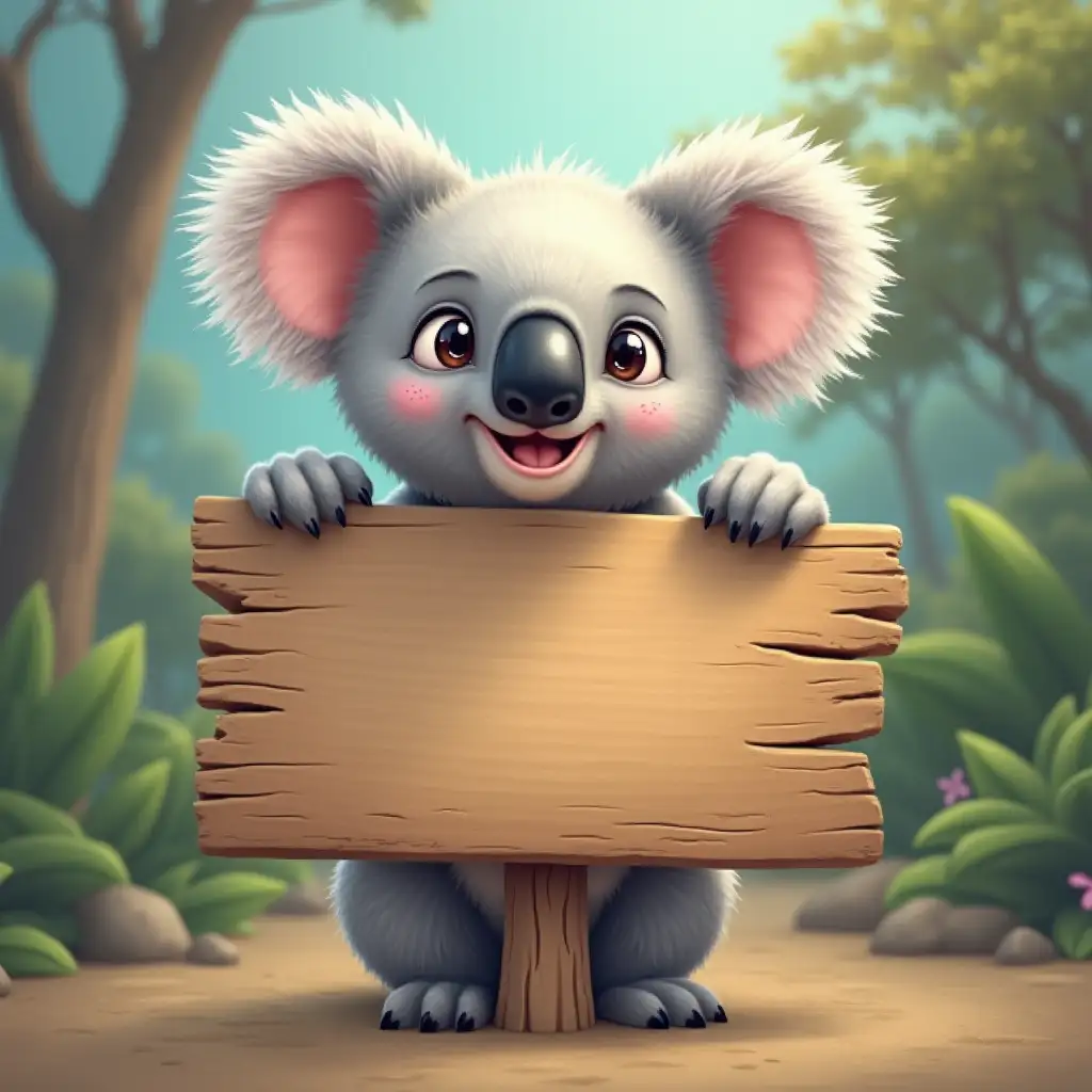 Hyperrealistic 4K Illustration of a Koala Holding a Blank Wooden Sign