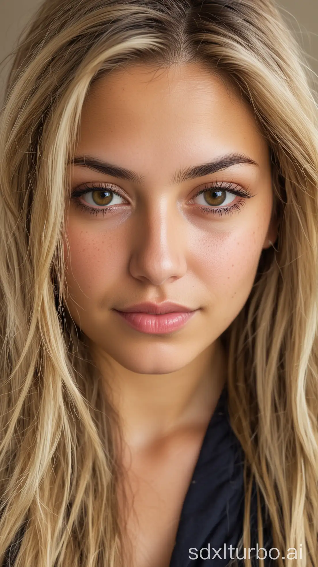 Beautiful woman, 25 years old. Hazel eyes, and striking features. Ethnicity is Mexican and white with long dirty blonde hair. Slight smile but with a mischievous facial expression. Perfect skin.