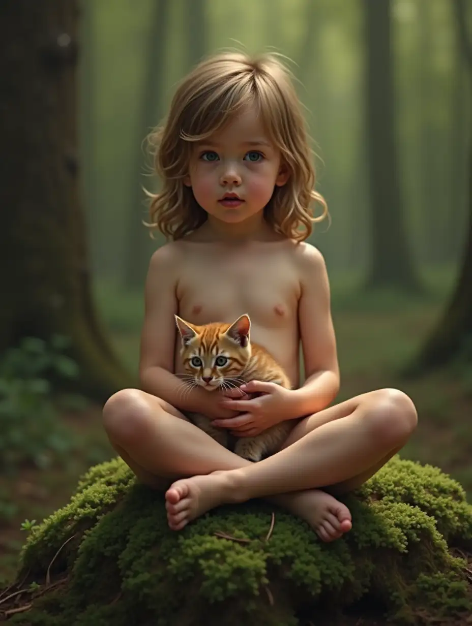 little girl. shiny bare skin. sitting on a mossy hummock in a forest. holding a kitten on her lap. skinny legs and feet visible.