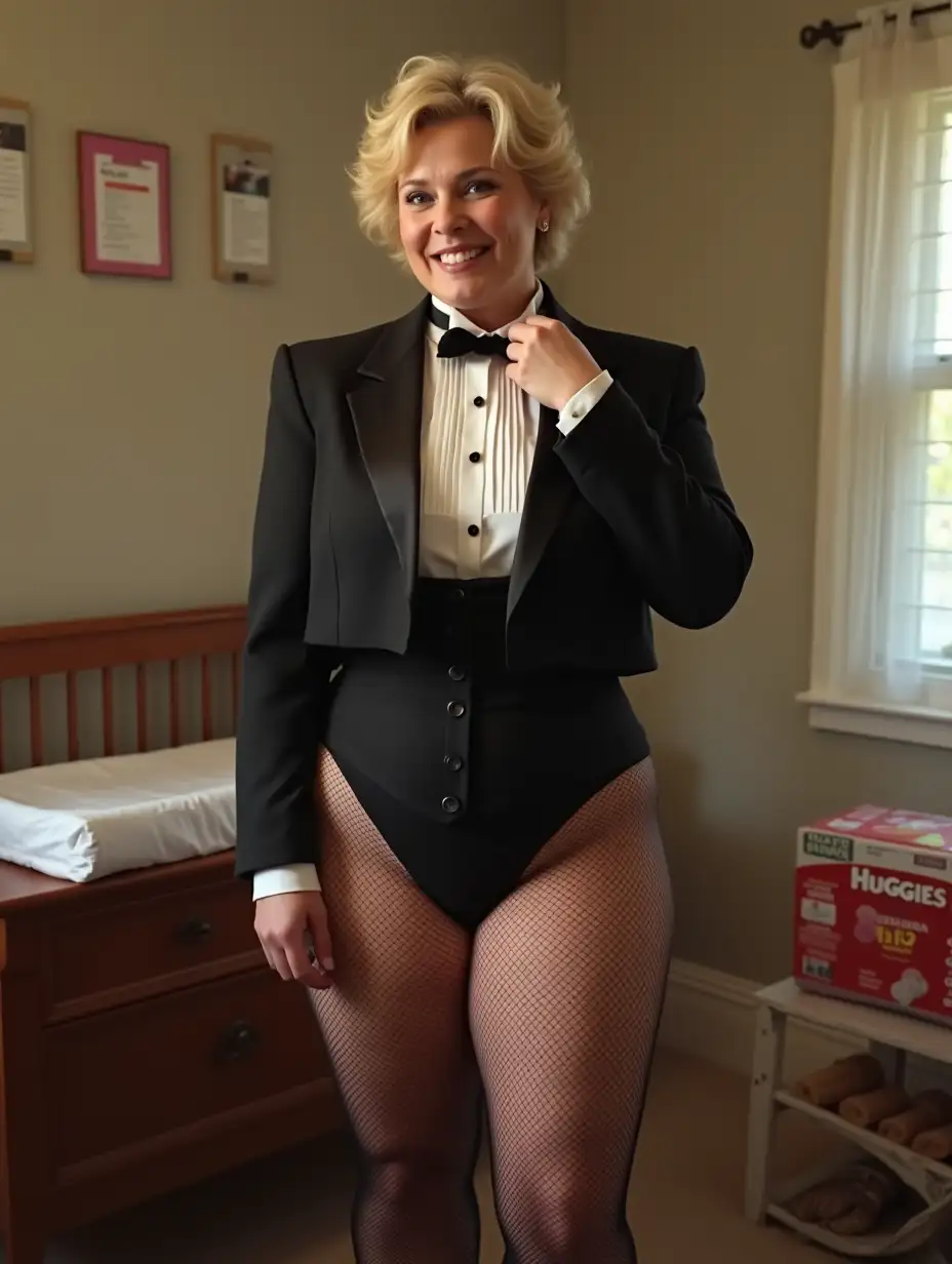 Caucasian-Woman-in-Formal-Orchestra-Tuxedo-with-Huggies-Diapers-in-Nursery