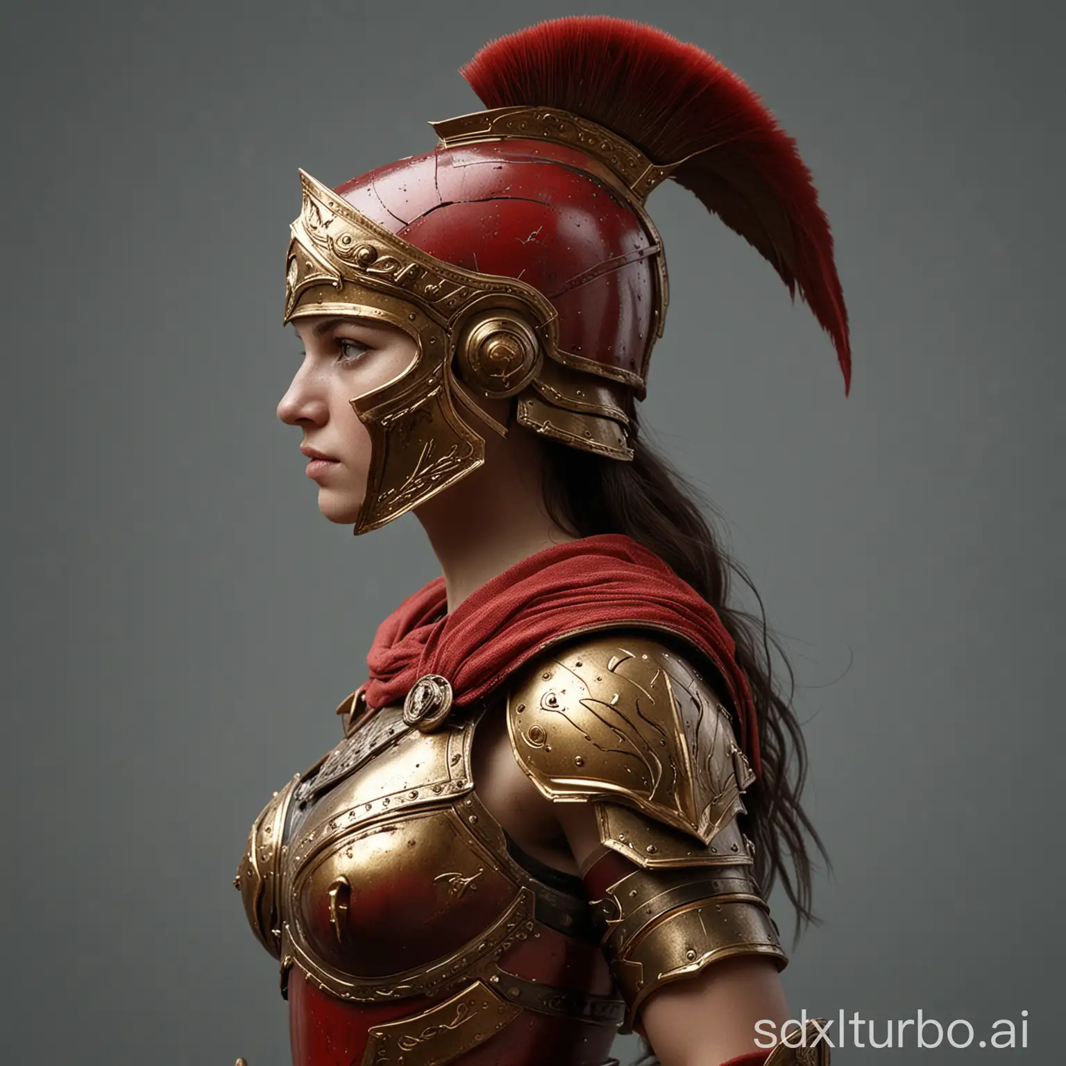 a girl spartan warrior, side view, wearing red and gold spartan armor, battle stance, historical background, neutral lighting, highly detailed, photorealistic, 50mm lens, realistic skin