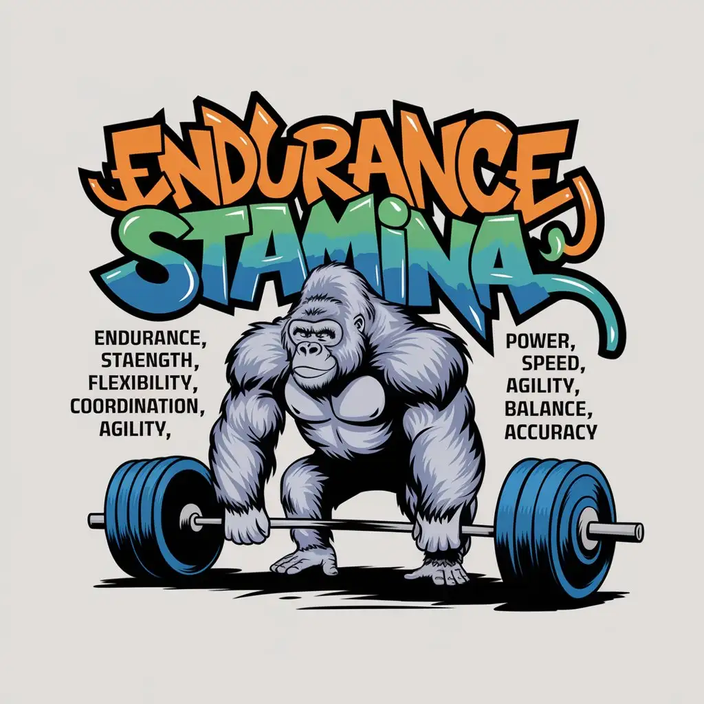 LOGO Design for Endurance Vibrant GraffitiStyle Gorilla Deadlifting with Motivational Keywords