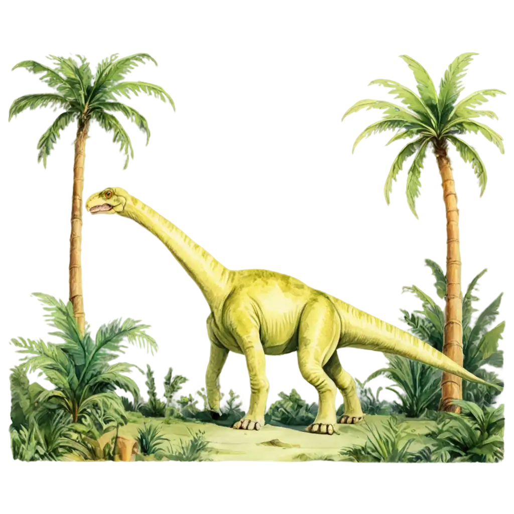 Vibrant-Dinosaur-Illustration-in-Prehistoric-Jungle-PNG-Watercolor-Style-Educational-Art-for-Kids-and-Paleontology-Fans